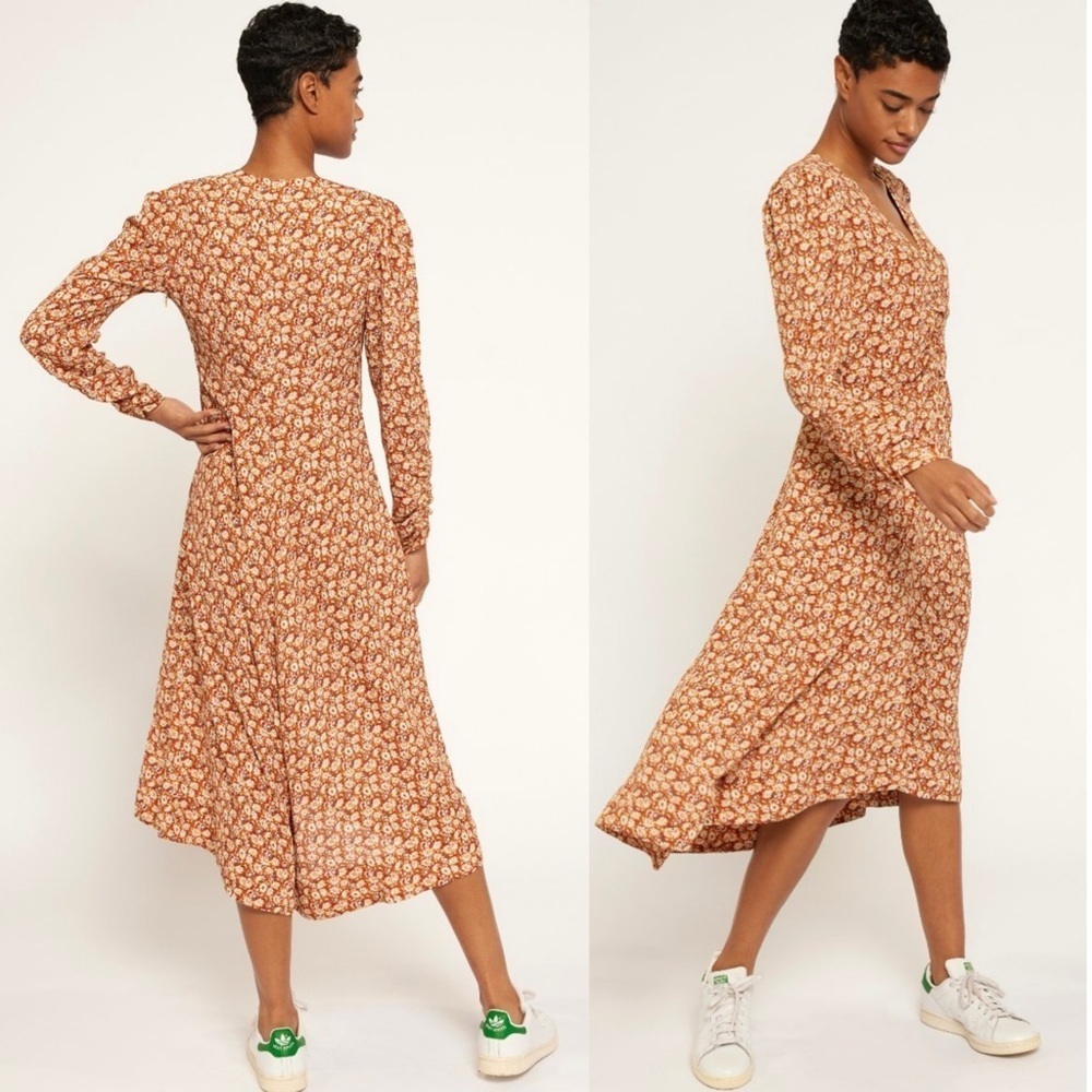 Joie Haruko Ruched V-Neckline Lightweight Floral Print Relaxed Fit Midi Dress